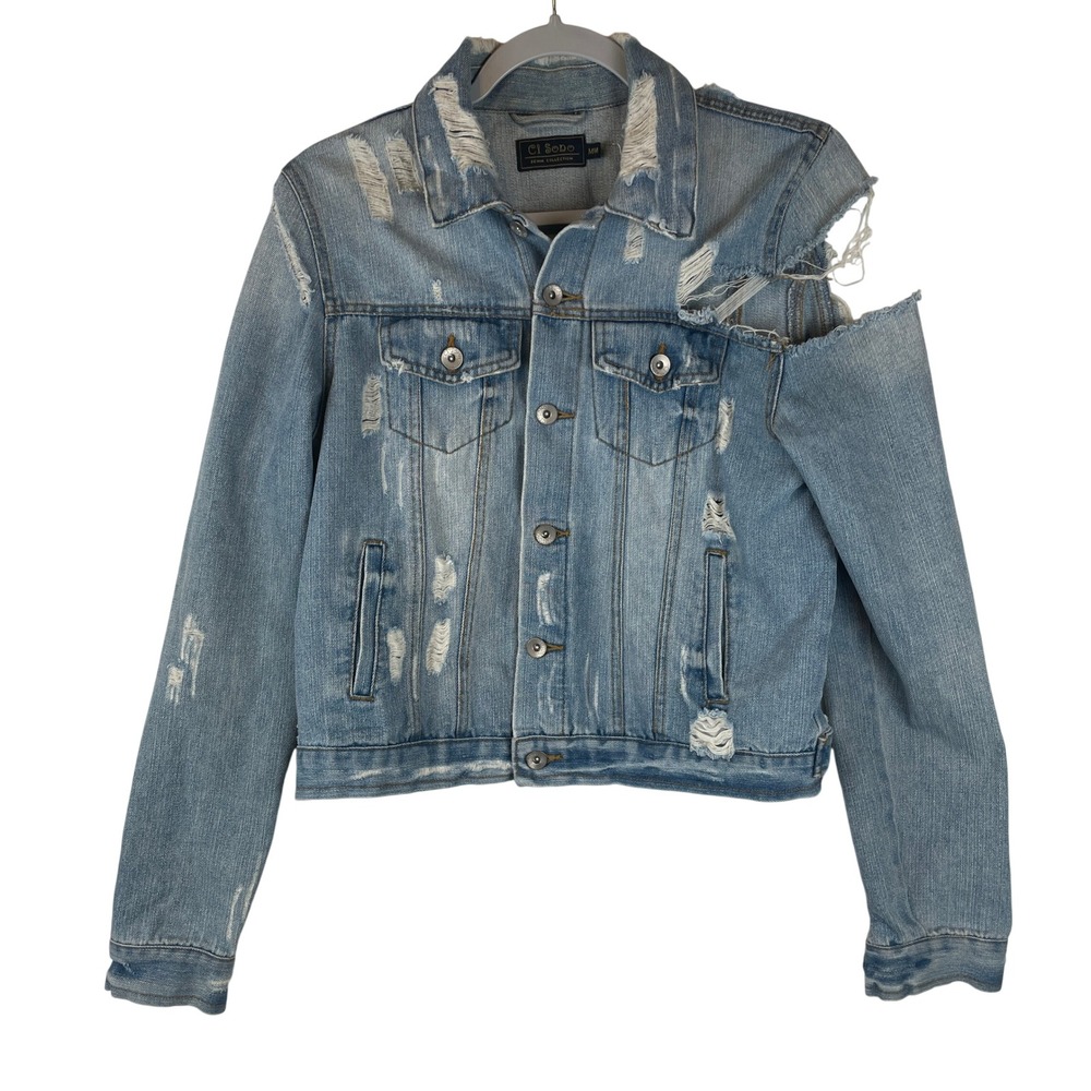 Ci‎ Sono Womens Distressed Cold Shoulder Denim Jacket Med Wash Blue DJK53 Size M